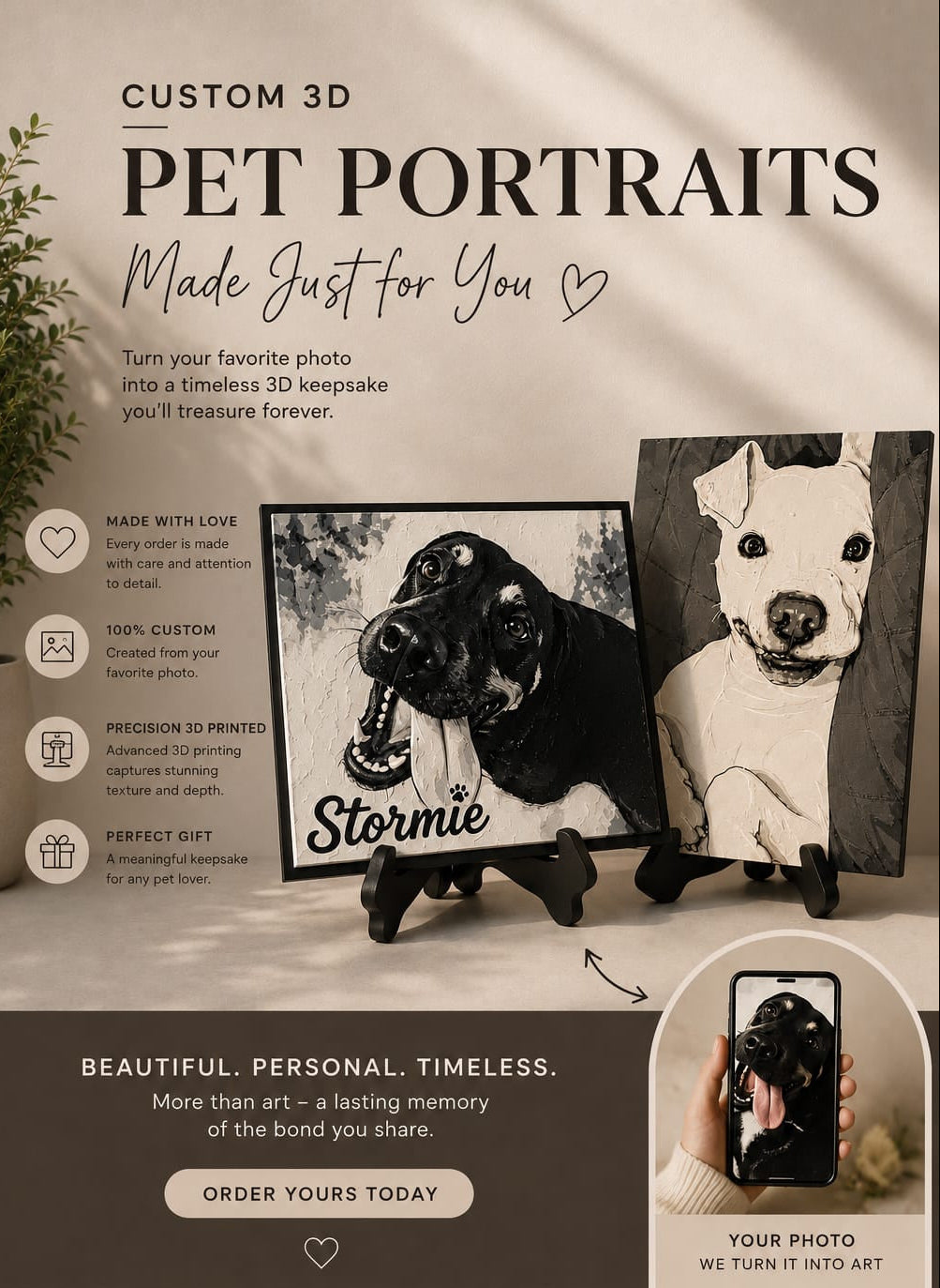 Personalized 3D Printed Pet Pawtrait~  B&W
